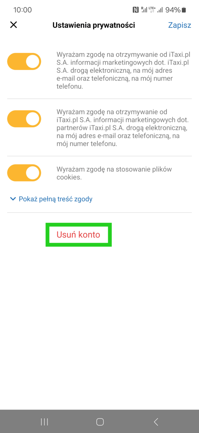 ustawienia prywatnosci aplikacja usuwanie konta itaxi